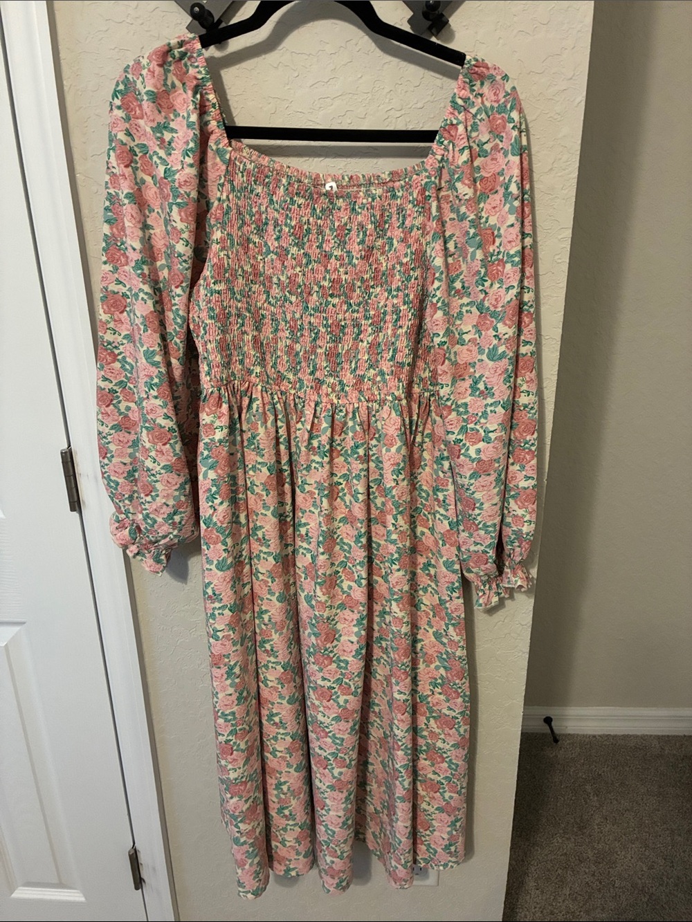 Smocked Floral Midi Dress in Pink and Green